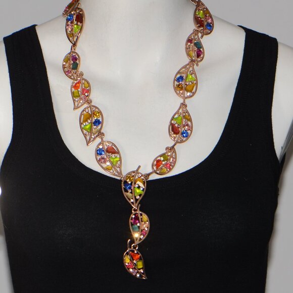 Oscar de la Renta Jewelry - Vintage Oscar de la Renta Rose-Goldtone Multi-stone Open Work Leaf Necklace